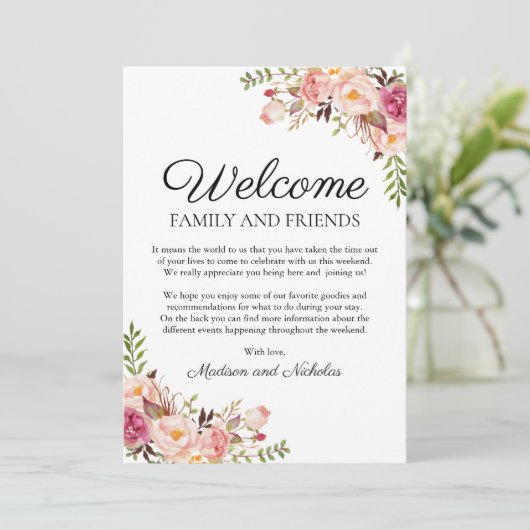 Welkomstkaarten voor Roze Floral Wedding Hotel Programmakaart (Staand voorkant)