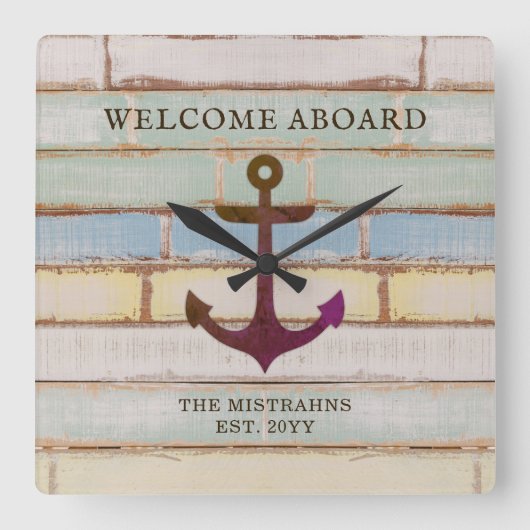 Welkomstnaam ankerhout vierkante klok (Voorkant)