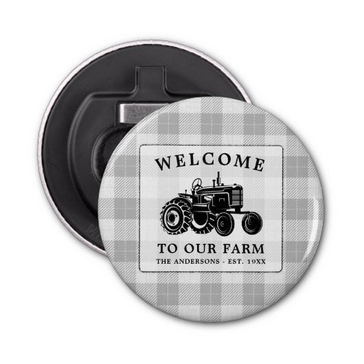 Welkomstnaam Boerderij Tractor White Play Button Flesopener (Voorkant)