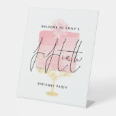 Welkomstnaam glam roze Cake, script 50th Party Reclamebord Met Voetstuk (Voorkant)