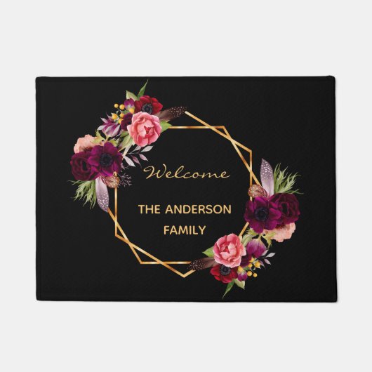 Welkomstnaam zwarte bruinbloemigen goudfamilie deurmat (Voorkant)