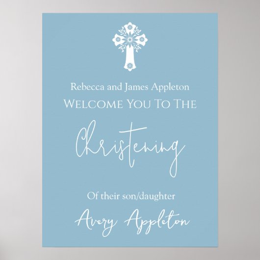 Welkomstposter Bloemkruis Doop Hemelblauw Poster (Voorkant)