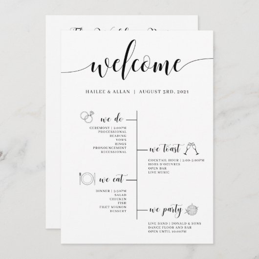 Welkomstprogramma voor bruiloft programmakaart (Voorkant / Achterkant)
