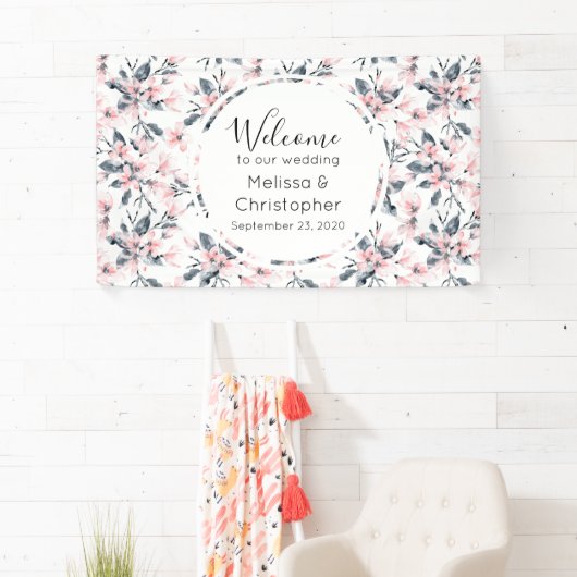 Welkomstroze en grijze Floral Spandoek (Insitu)
