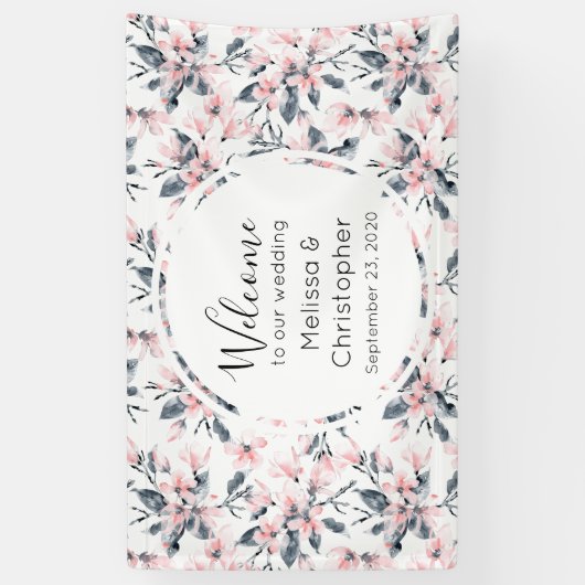 Welkomstroze en grijze Floral Spandoek (Verticaal)