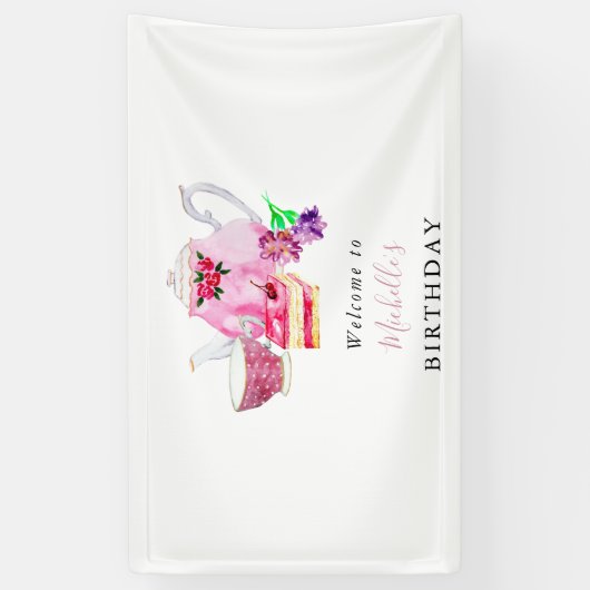 Welkomstroze Waterverf op feestdag Tea Party Spandoek (Verticaal)