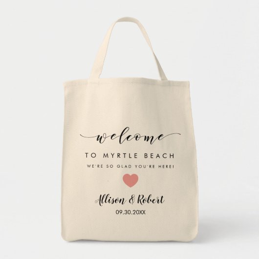 Welkomsttas voor bruiloft met achterreisroute, roz tote bag (Voorkant)