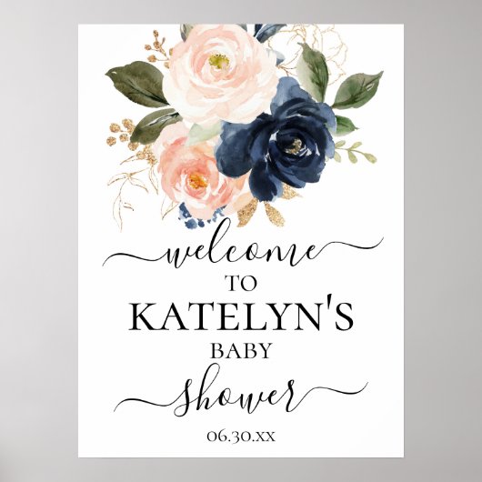 Welkomstteken bij Navy en Blush Baby shower Poster (Voorkant)