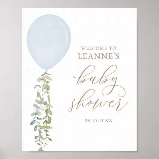 Welkomstteken Blauw ballon Eucalyptus Baby shower Poster (Voorkant)