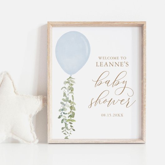 Welkomstteken Blauw ballon Eucalyptus Baby shower Poster