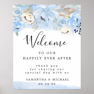 Welkomstteken blauwe en gouden Floral Wedding Poster