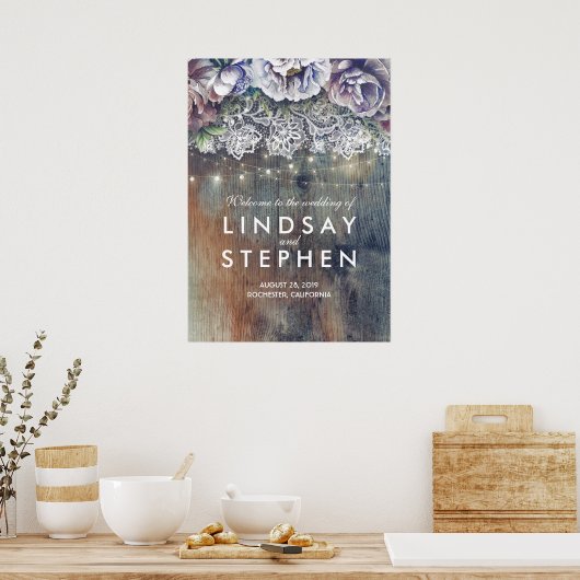Welkomstteken blauwe en maroon Floral Wedding Poster (Keuken)