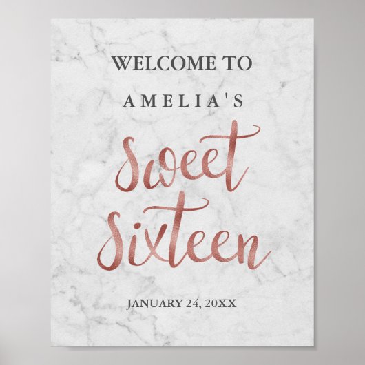 Welkomstteken Marble Faux Roos Gold Sweet Sixteen Poster (Voorkant)