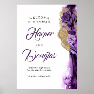 Welkomstteken Paarse en gouden bruiloft Poster