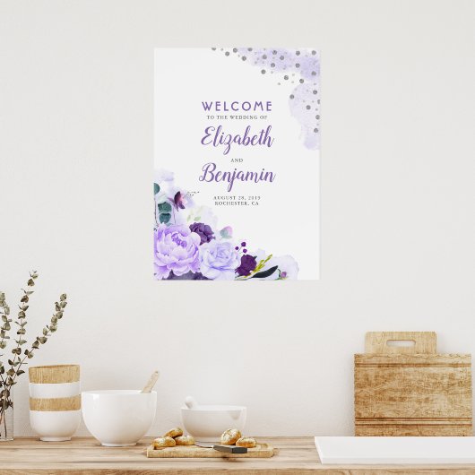 Welkomstteken Paarse en zilveren bruiloft Poster (Keuken)