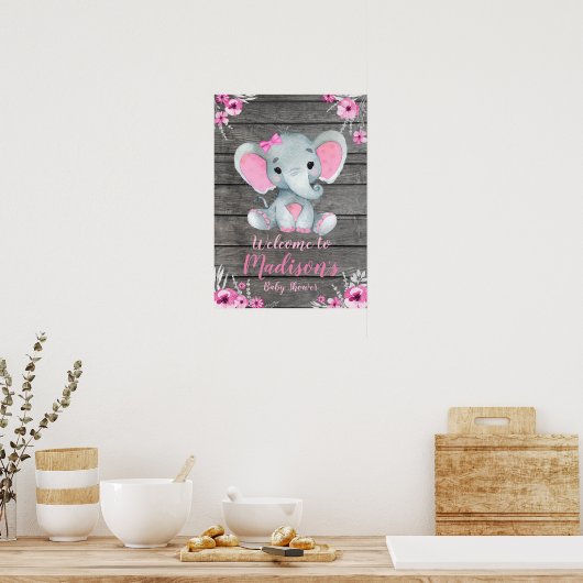 Welkomstteken Poster Elephant Rustic Pink Floral (Keuken)