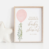 Welkomstteken Roze ballon Eucalyptus Baby shower Poster