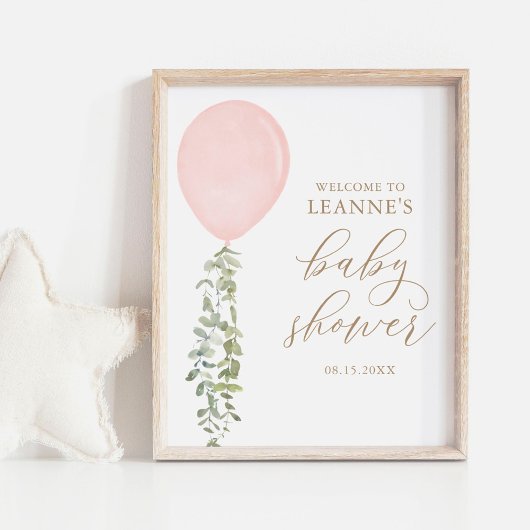 Welkomstteken Roze ballon Eucalyptus Baby shower Poster