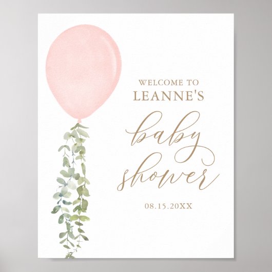 Welkomstteken Roze ballon Eucalyptus Baby shower Poster (Voorkant)