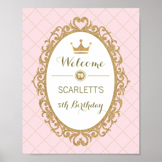 Welkomstteken roze en gouden prinses Birthday Part Poster (Voorkant)