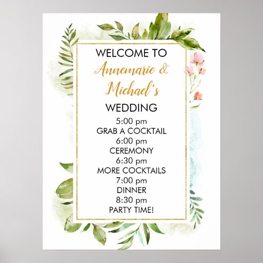Welkomstteken roze en groene Floral Wedding Poster (Voorkant)