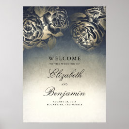 Welkomstteken van marinenblauw en goudFloral Weddi Poster