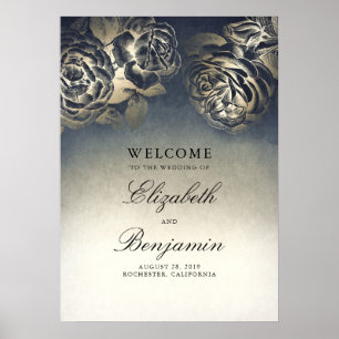 Welkomstteken van marinenblauw en goudFloral Weddi Poster