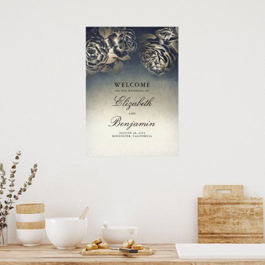 Welkomstteken van marinenblauw en goudFloral Weddi Poster (Keuken)