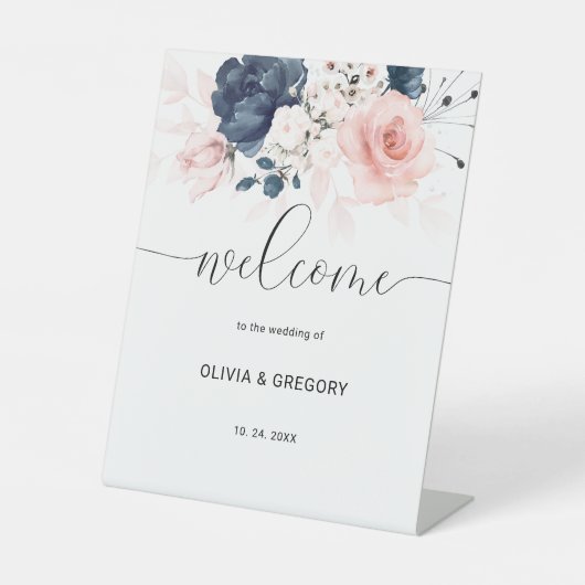 Welkomstteken van marineslauw blauw en dubbelroze reclamebord met voetstuk (Voorkant)