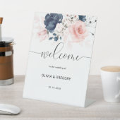 Welkomstteken van marineslauw blauw en dubbelroze reclamebord met voetstuk (Insitu)