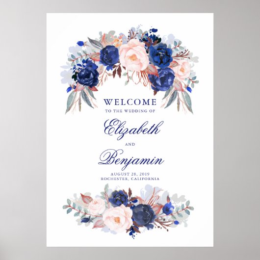 Welkomstteken van Navy Floral Wedding Poster (Voorkant)
