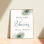 Welkomstteken van Peacock Feather Vrijgezellenfees Poster<br><div class="desc">Een boho-welkomstbord dat is ontworpen om aan te sluiten bij onze Waterverf Peacock Feather bridal-doucheuitnodigingen,  met een paar vredestroekveren die uw aangepaste tekst in elegante tinten van indigo maken.</div>