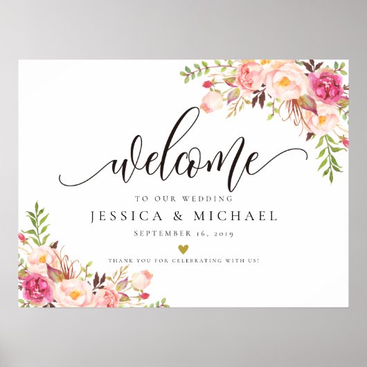 Welkomstteken voor bijtende Floral Wedding Poster (Voorkant)