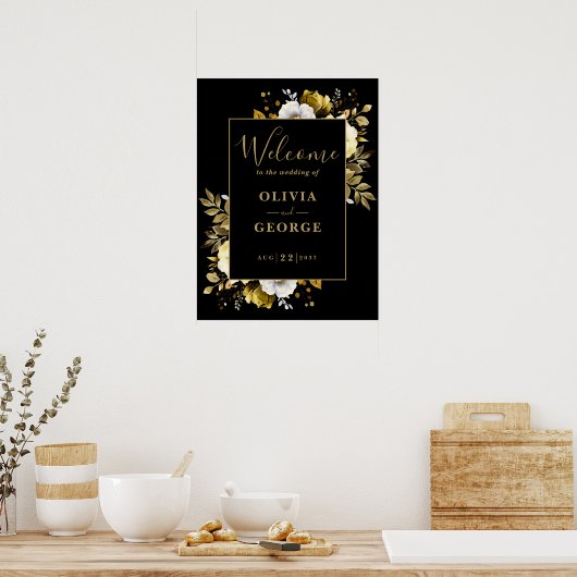 Welkomstteken voor Black and Gold Floral Weduwen Poster (Keuken)