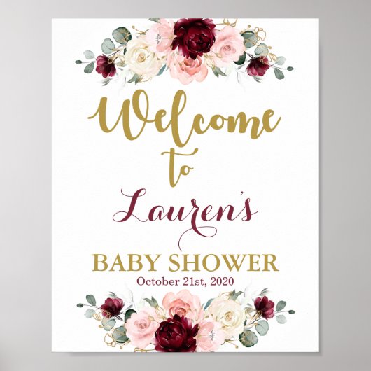 Welkomstteken voor Bourgogne en roze Baby shower Poster (Voorkant)