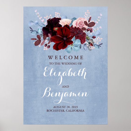 Welkomstteken voor Bourgogne en usty Blue Wedding Poster (Voorkant)
