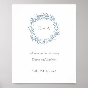 Welkomstteken voor bruiloft - Monogram Blue Wreate Poster