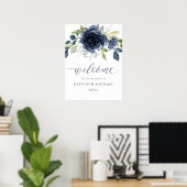 Welkomstteken voor bruiloft Navy Blue Waterverf Fl Poster (Thuiskantoor)