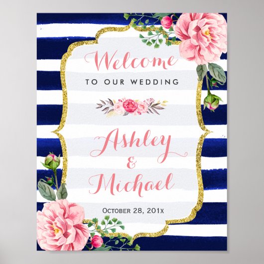 Welkomstteken voor bruiloft Roze Floral Navy Strip Poster (Voorkant)