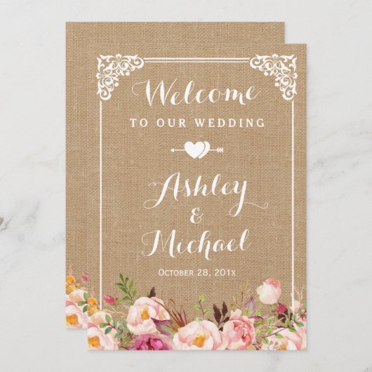 Welkomstteken voor bruiloft | Rustic Burlap Floral Kaart (Voorkant / Achterkant)