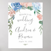 Welkomstteken voor bruiloft Stusty Blue en Roze Fl Poster (Voorkant)