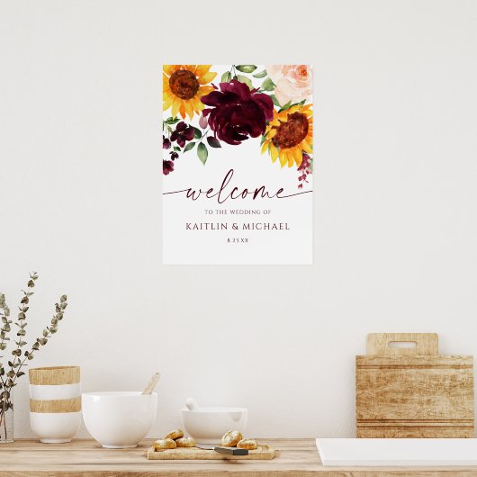 Welkomstteken voor bruiloft Zonnebloemen Roos Burg Poster (Keuken)