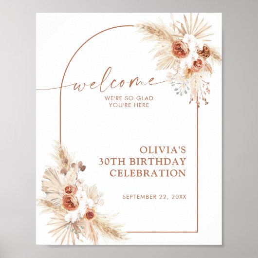 Welkomstteken voor geboortedag | Boho Pampas Grass Poster (Voorkant)