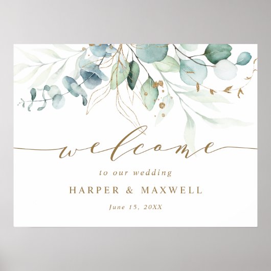 Welkomstteken voor gouden en groene botanische bru poster (Voorkant)