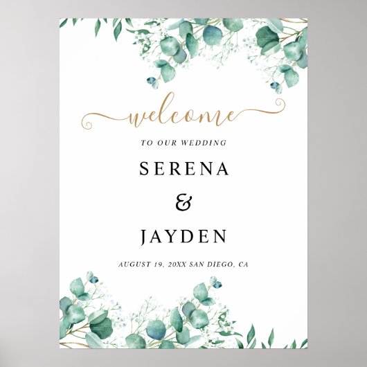 Welkomstteken voor groene bruiloft in de Eucalyptu Poster (Voorkant)