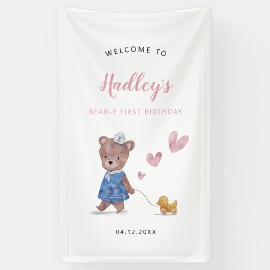 Welkomstteken voor roze Teddy Bear Birthday Party Spandoek (Verticaal)