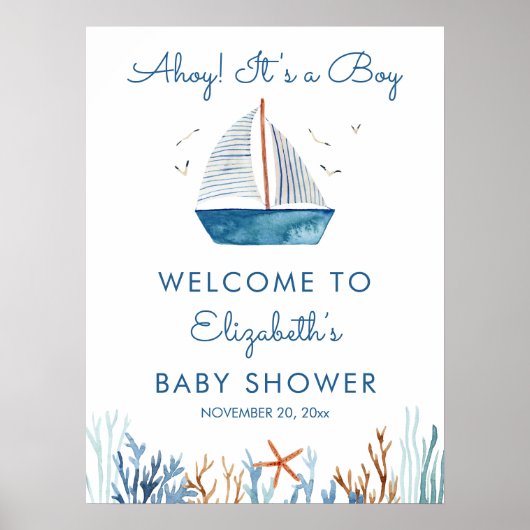 Welkomstteken voor Sailboot Boy Baby shower Poster (Voorkant)