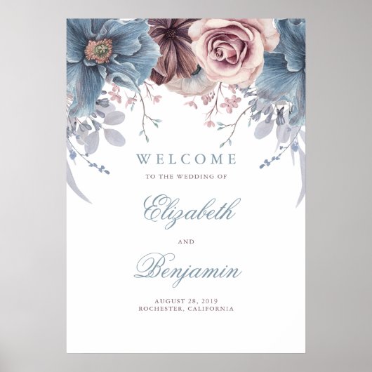 Welkomstteken voor usty Blue en Mauve Wedding Poster (Voorkant)