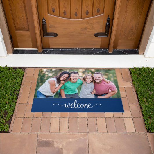 Welkomsttekst met familiefoto, blauw deurmat (Buiten)
