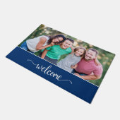 Welkomsttekst met familiefoto, blauw deurmat (Schuin)